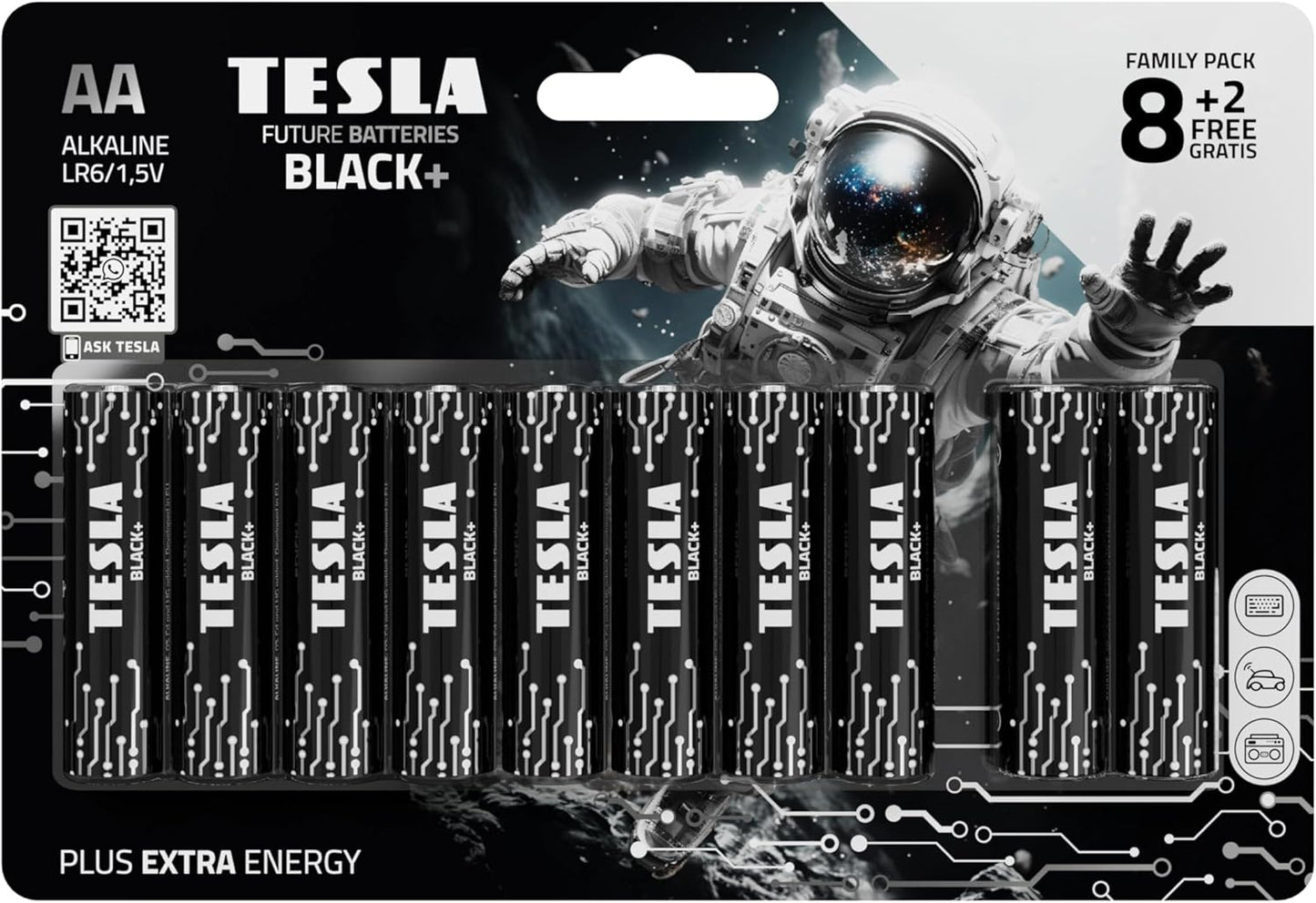 TESLA BATTERIES AA ALKALINE LR6/1.5V BLACK+ SHRINK FOIL / (8 + 2 FREE)
