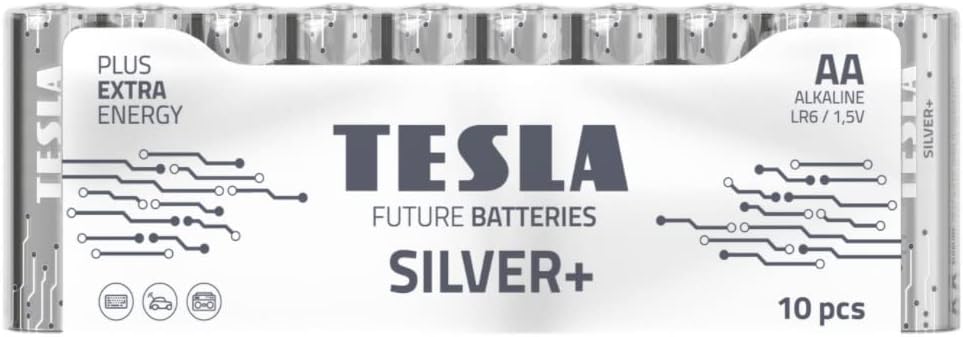 Tesla AA Battery Silver+ Alkaline - Plus Extra Energy Shrink Foil LR6/1.5V Pack of 10