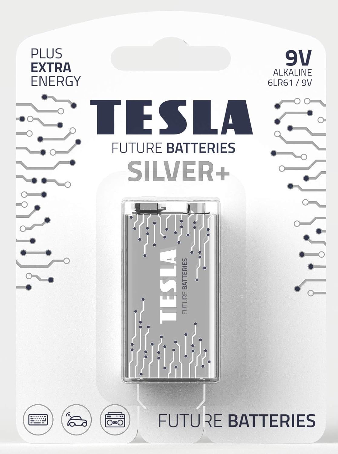 Tesla 9V Battery Silver+ Alkaline - Plus Extra Energy Blister Foil 6LR61/9V