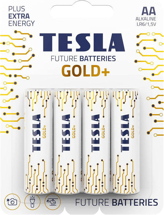 TESLA Gold Alkaline Battery AA LR6, Pencil Battery, Blister Pack of 4