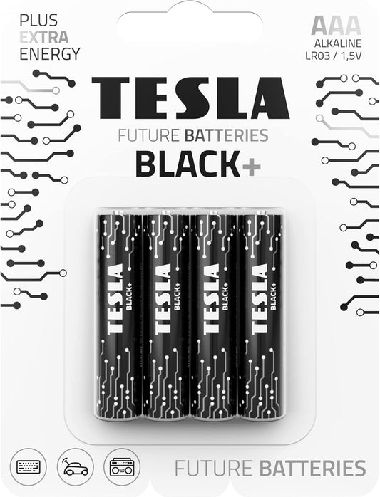 Tesla AAA Battery Black+ Alkaline - Plus Extra Energy Batteries Blister Foil LR03/1.5V Pack of 4