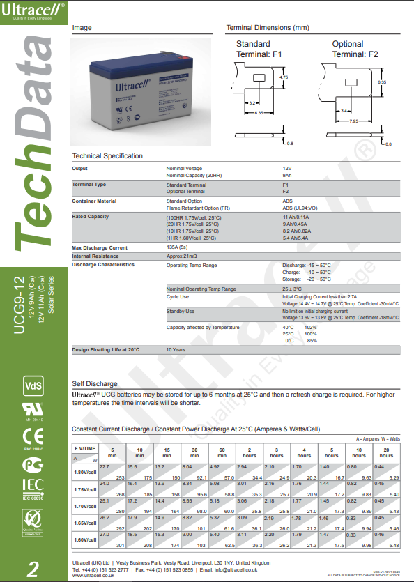 ULTRACELL RECHARGEBALE BATTERY 12V-9AH UCG
